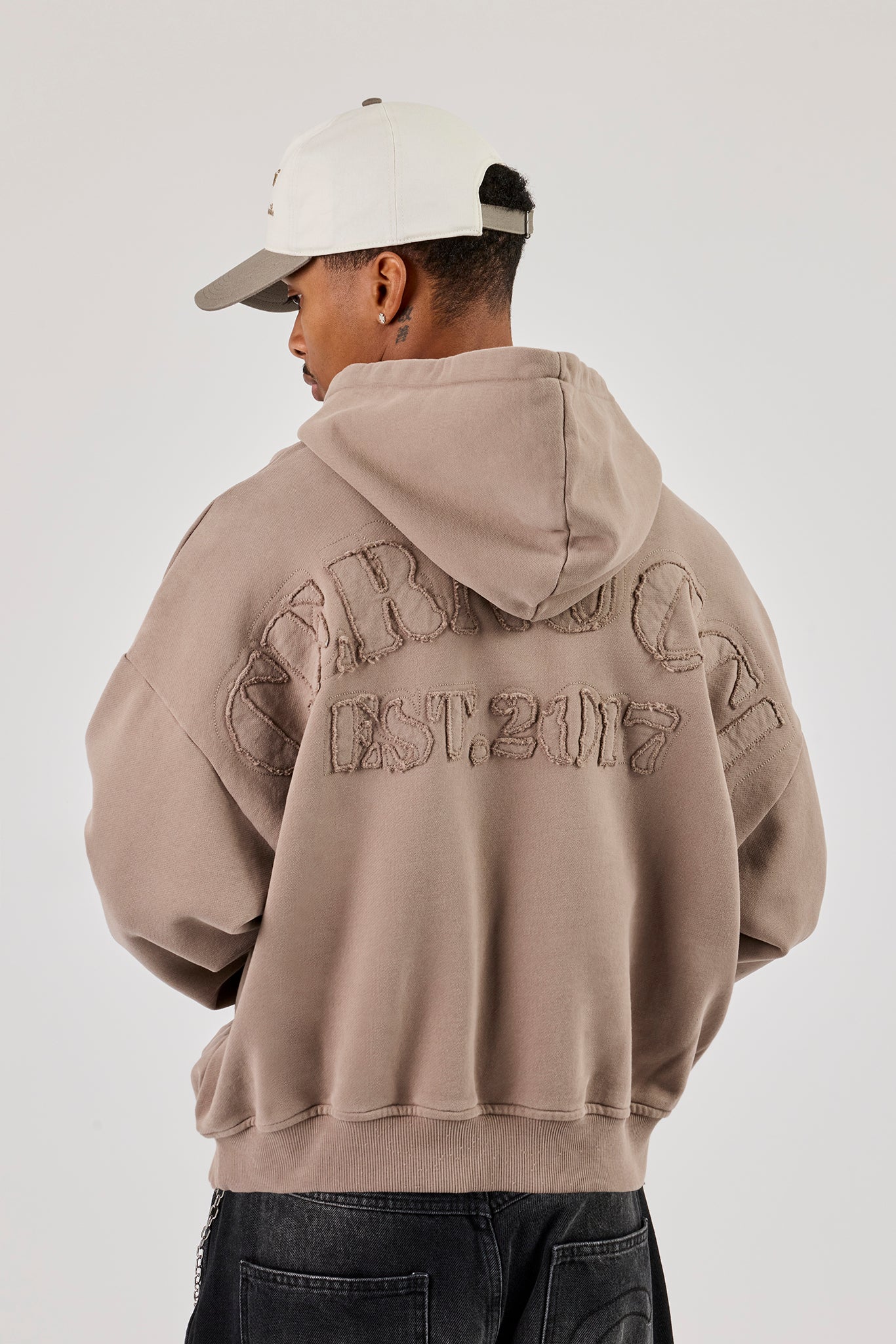 Washed Applique Embroidered Hoodie - Taupe