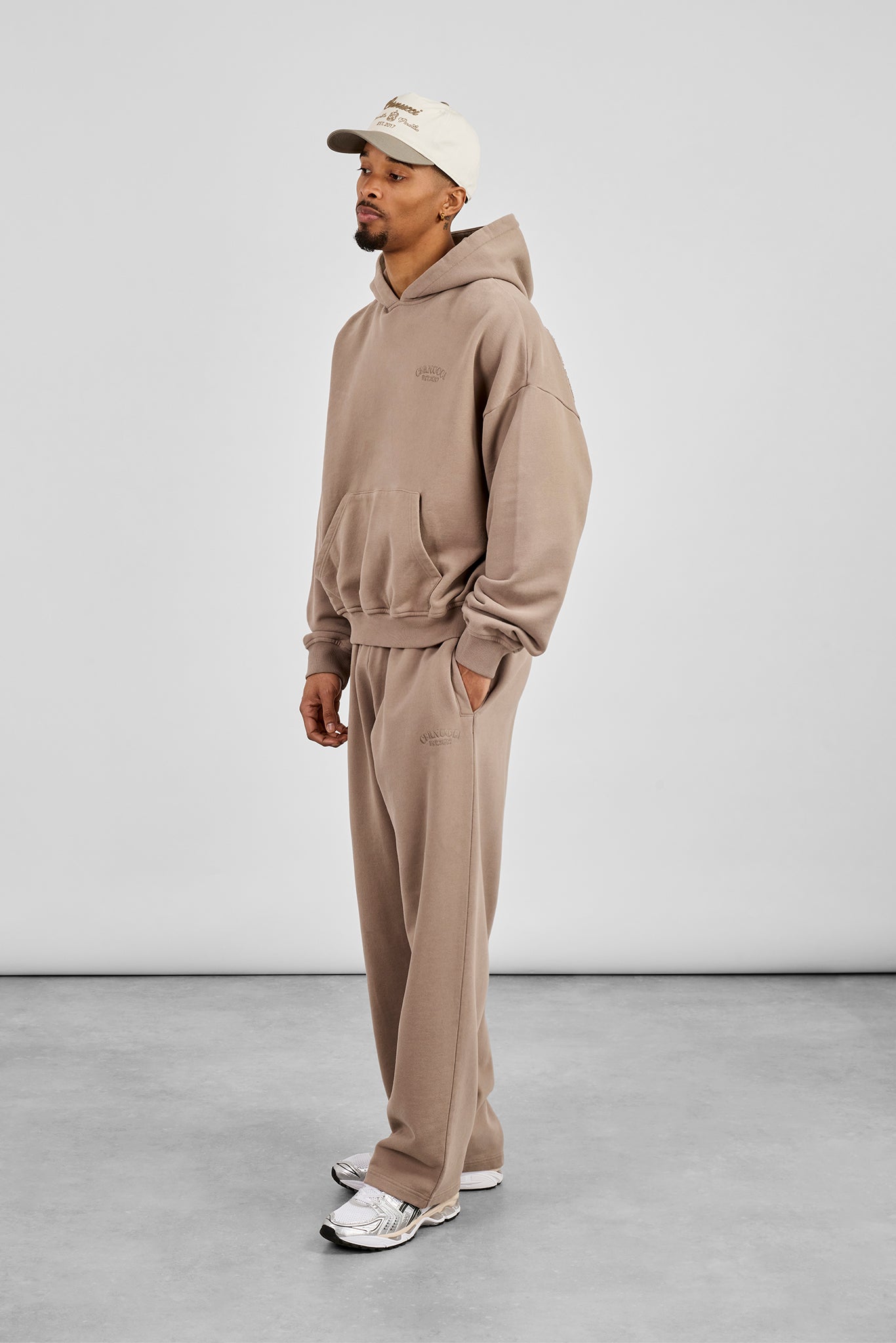 Washed Applique Embroidered Hoodie & Relaxed Jogger - Taupe
