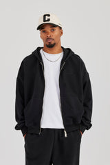 Zip Through Boxy Hoodie - Black