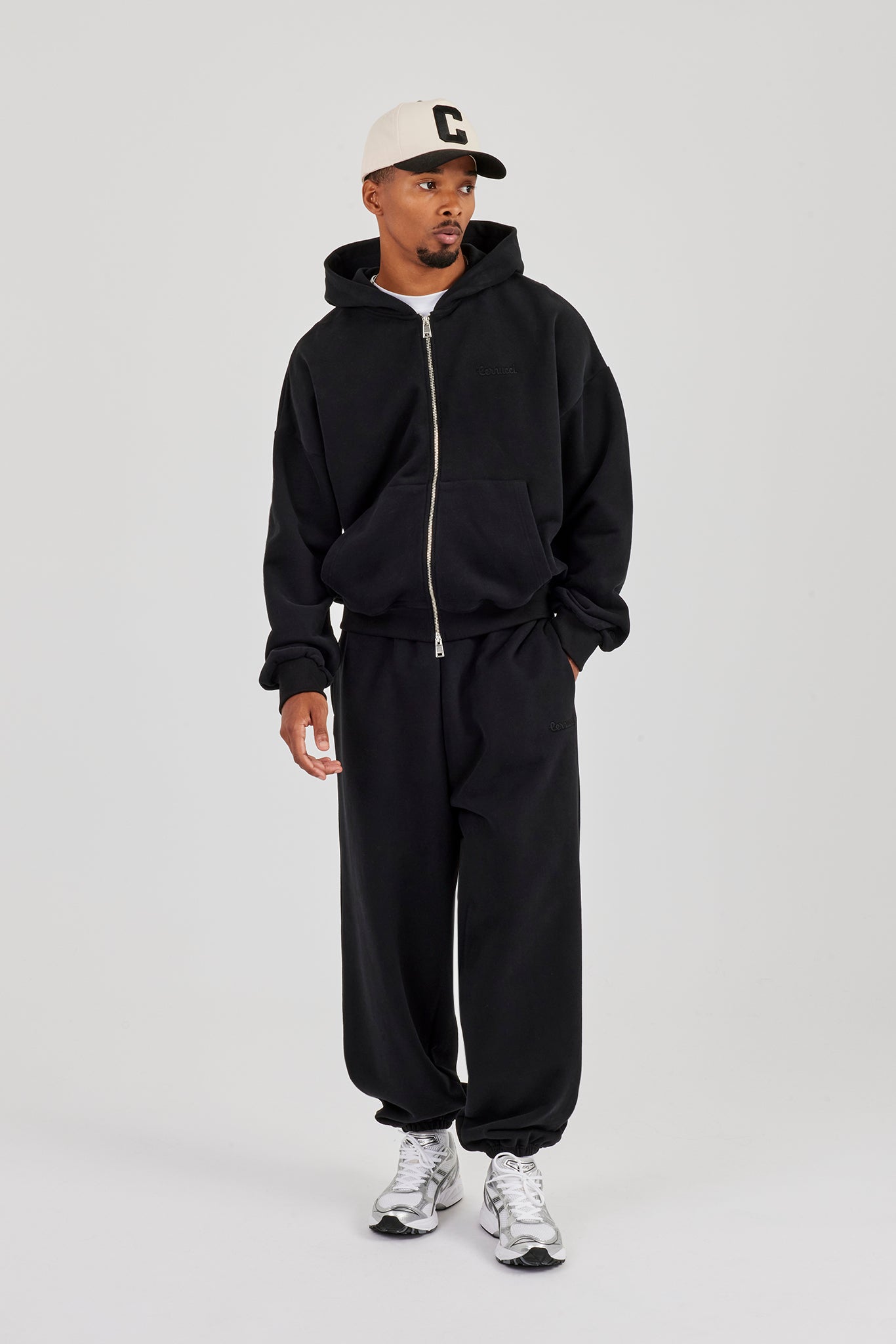Zip Through Boxy Hoodie & Cuffed Jogger - Black