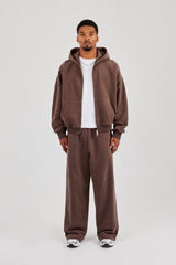 Zip Through Boxy Hoodie & Baggy Fit Jogger - Coffee