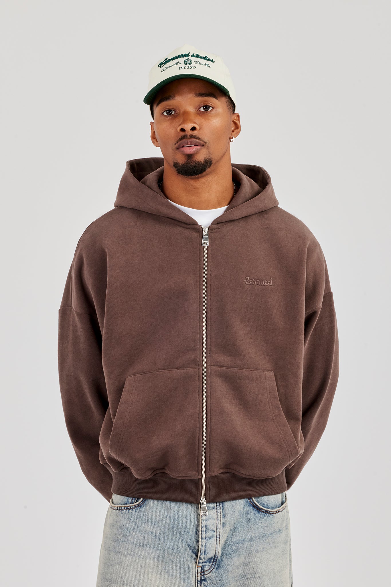 Zip Through Boxy Hoodie - Coffee