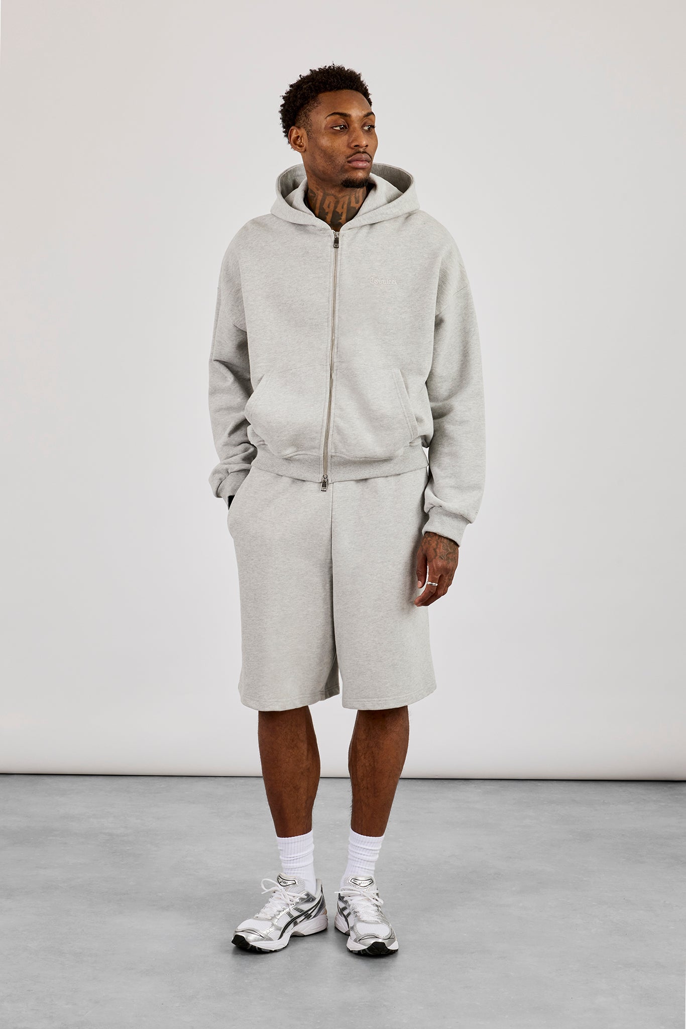 Zip Through Boxy Hoodie & Embroidered Jersey Jort - Grey Marl