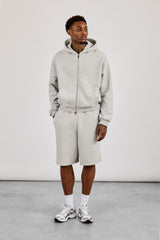 Zip Through Boxy Hoodie & Embroidered Jersey Jort - Grey Marl