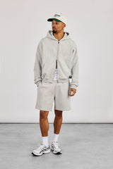 Zip Through Boxy Hoodie & Relaxed Jersey Short  - Grey Marl