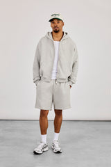 Zip Through Boxy Hoodie & Relaxed Jersey Short  - Grey Marl