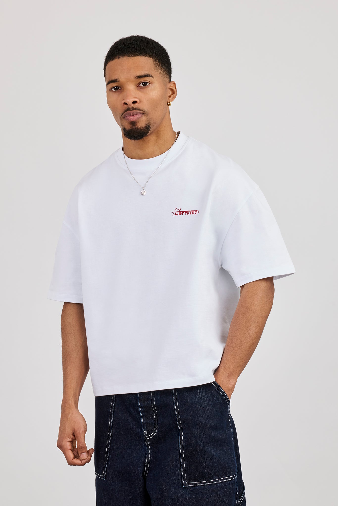 Boxy CN Est 2017 Stitch Detail Printed T-Shirt - White | Mens Tees