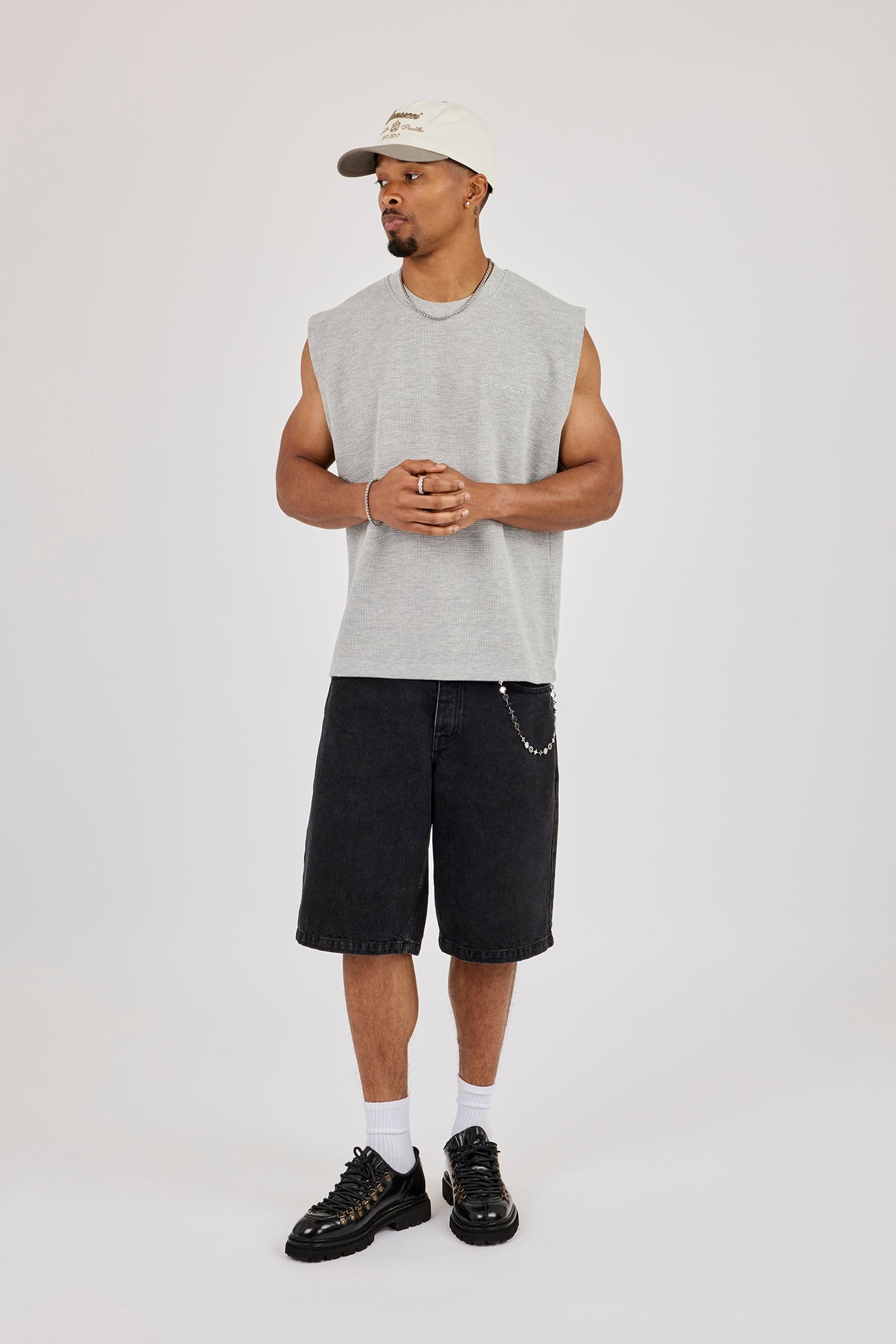 Waffle Embroidered Tank - Light Grey