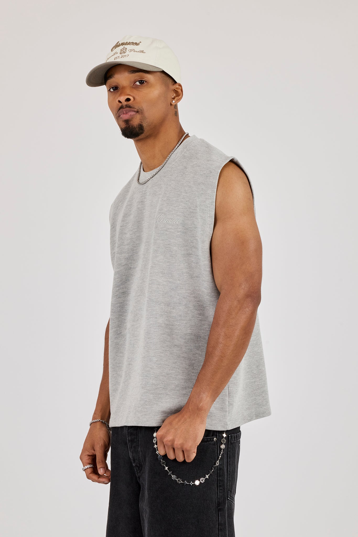 Waffle Embroidered Tank - Light Grey