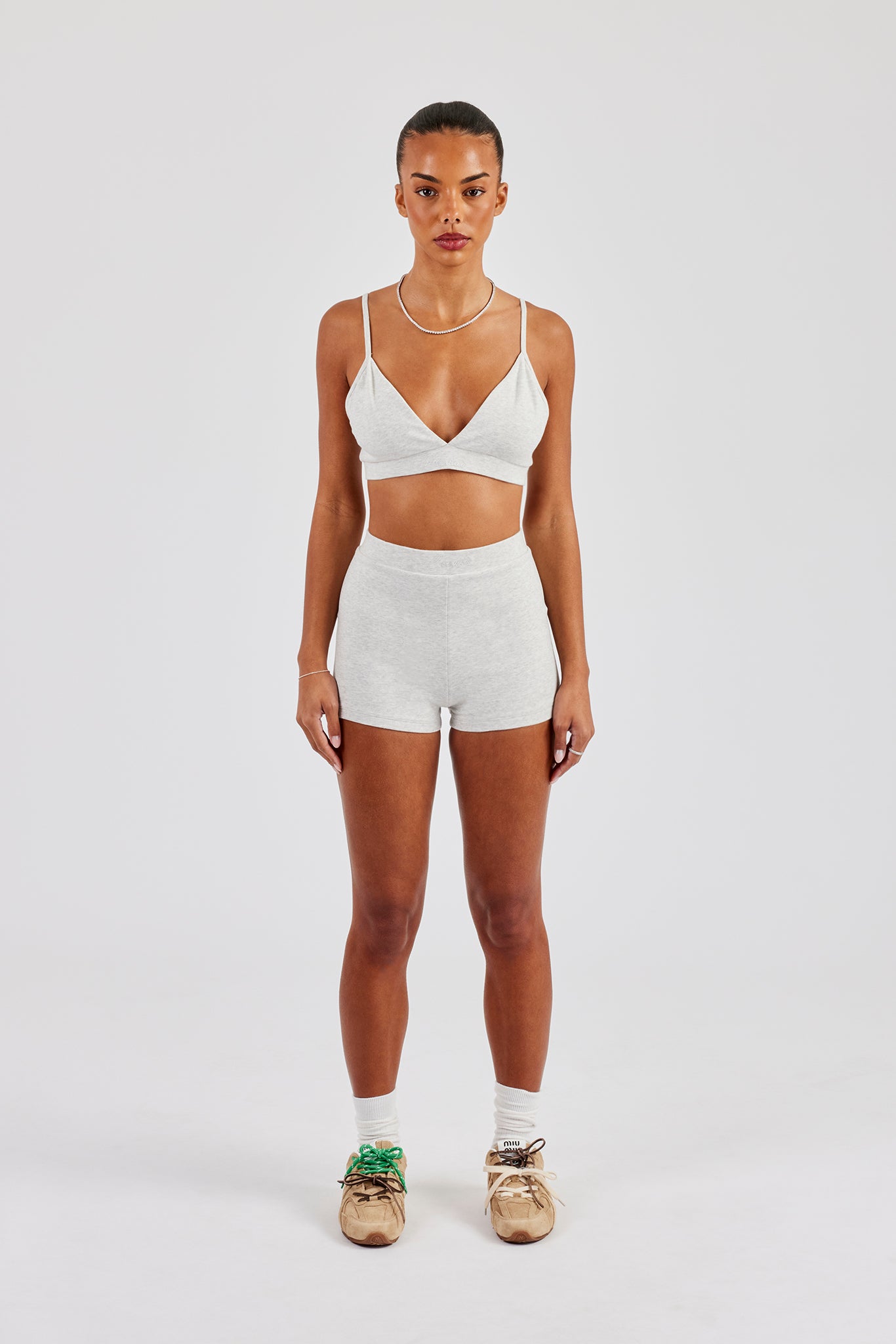 Plunge Front Bralet & Jersey Boxer Short - Ash Grey