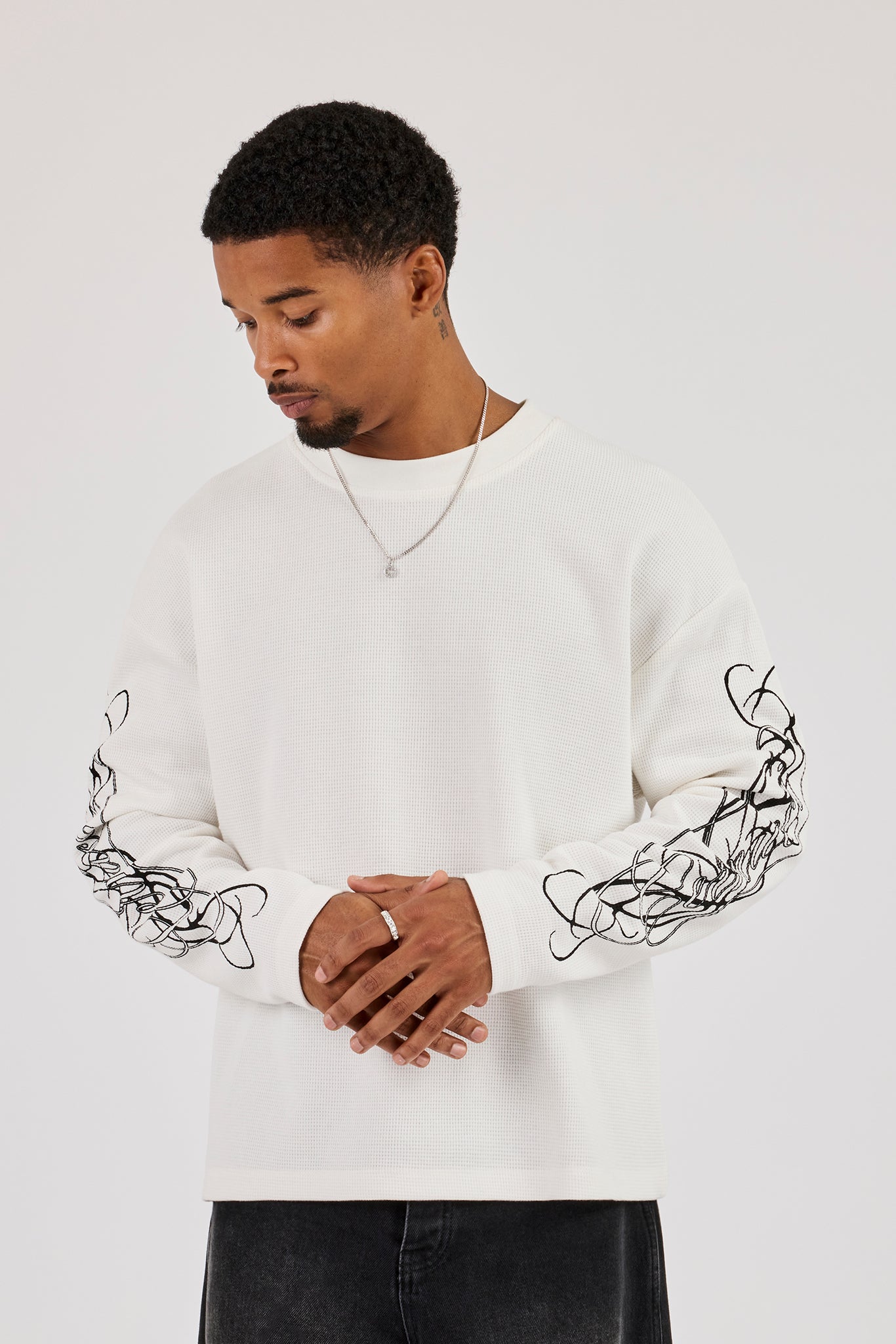 Waffle Camo Motif Long Sleeve T-Shirt - Off White