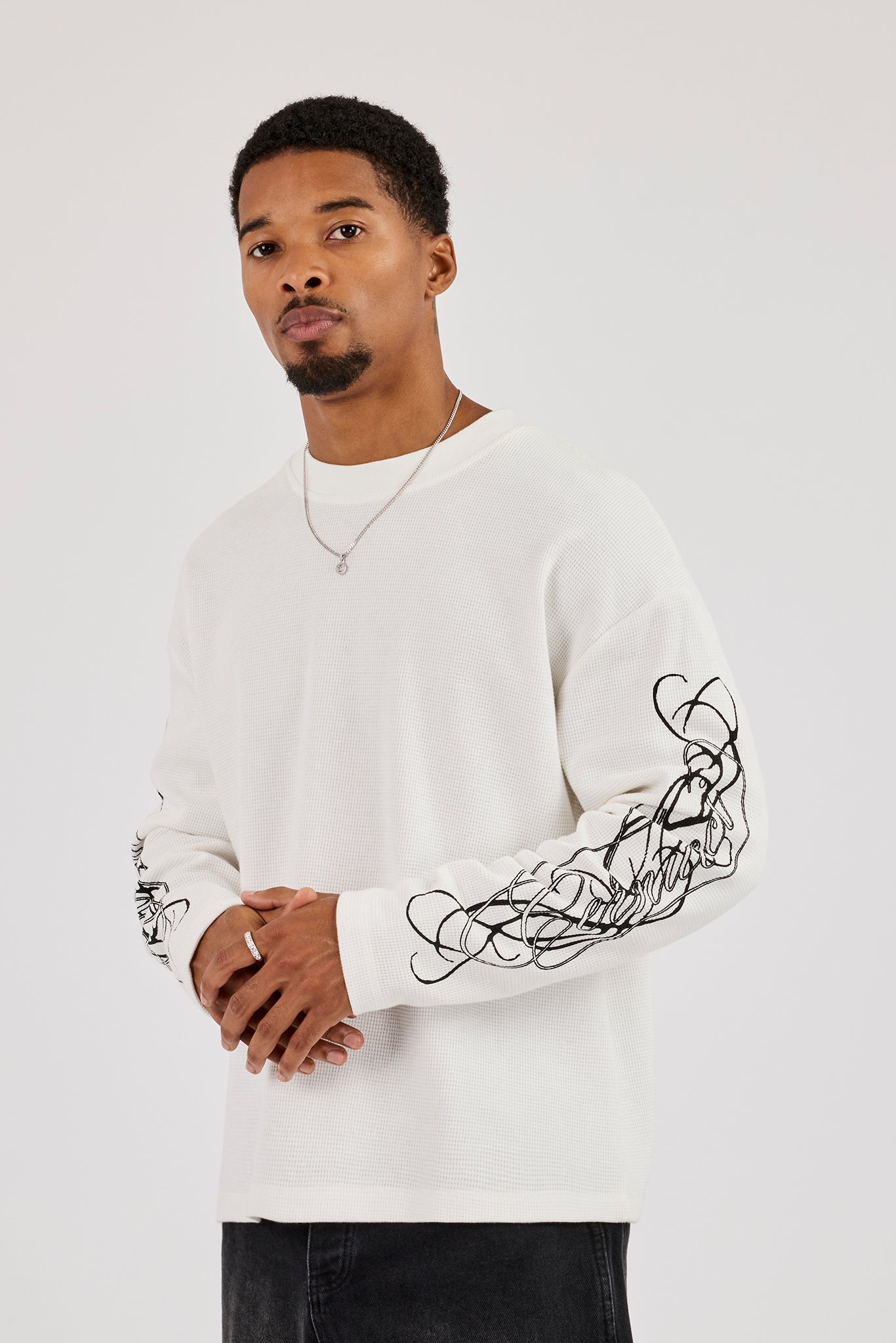 Waffle Camo Motif Long Sleeve T-Shirt - Off White