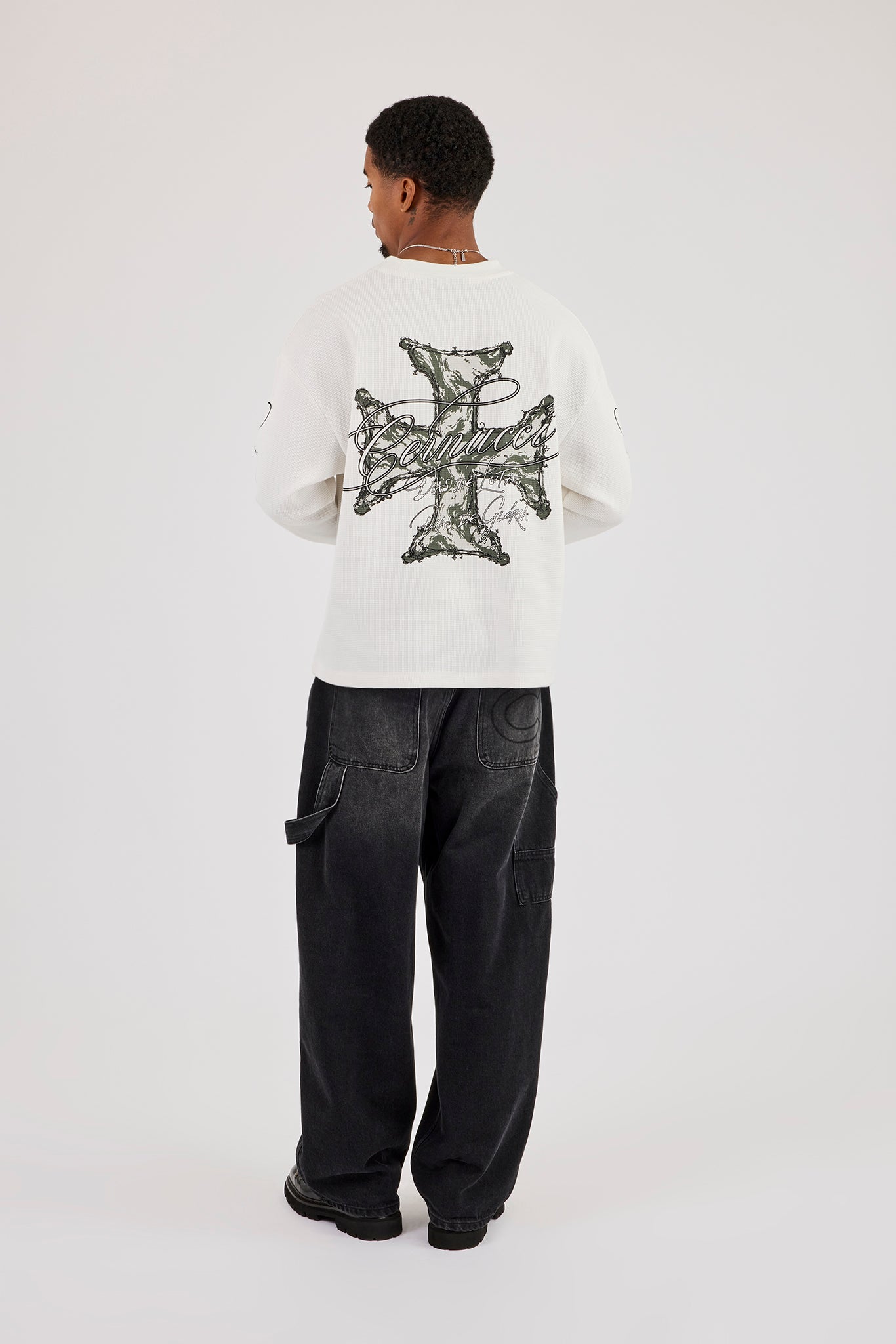 Waffle Camo Motif Long Sleeve T-Shirt - Off White
