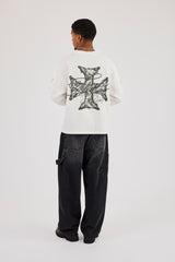 Waffle Camo Motif Long Sleeve T-Shirt - Off White