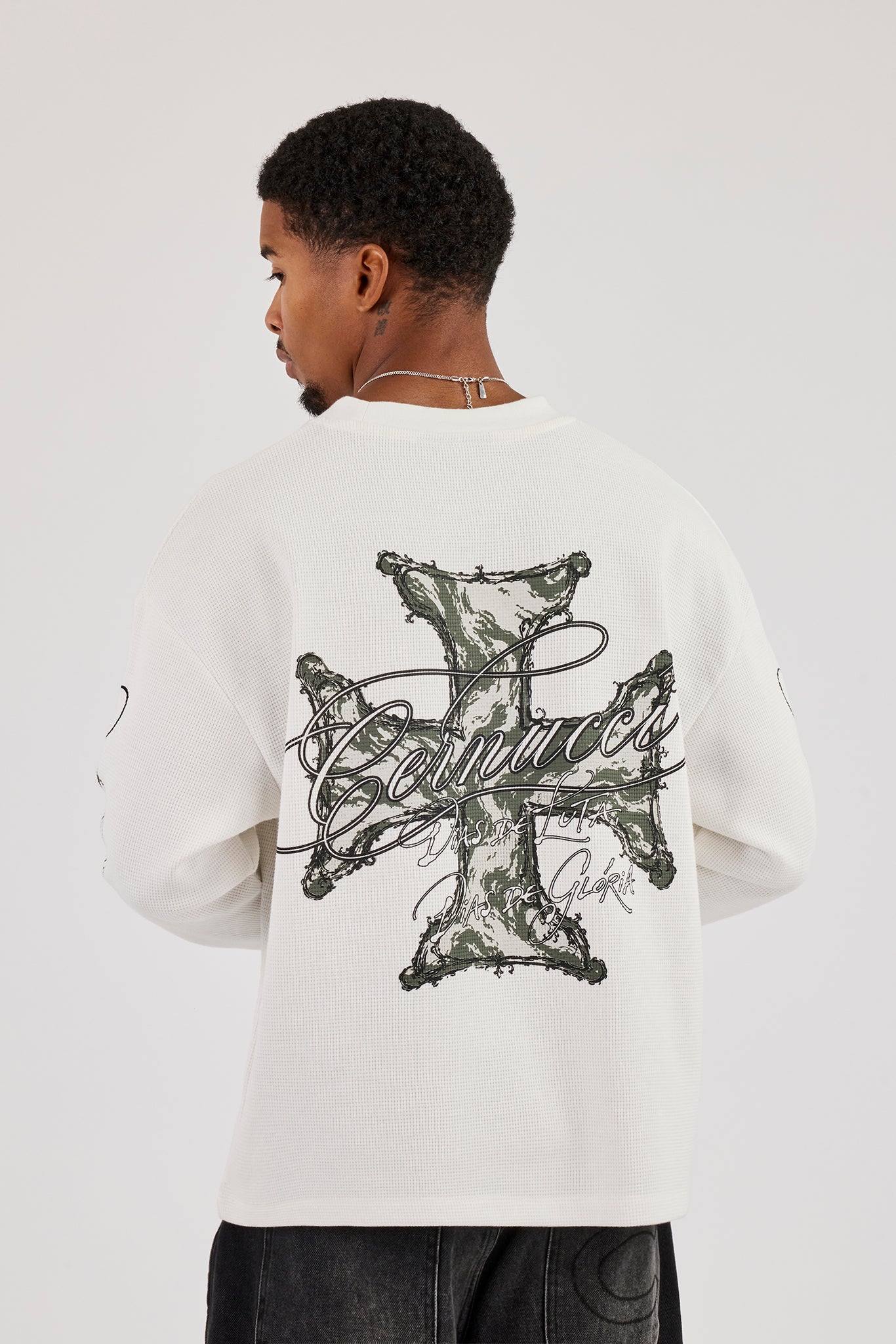 Waffle Camo Motif Long Sleeve T-Shirt - Off White