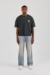 T-Shirt mit verwaschenem Print und kastigem Schnitt - Anthrazit