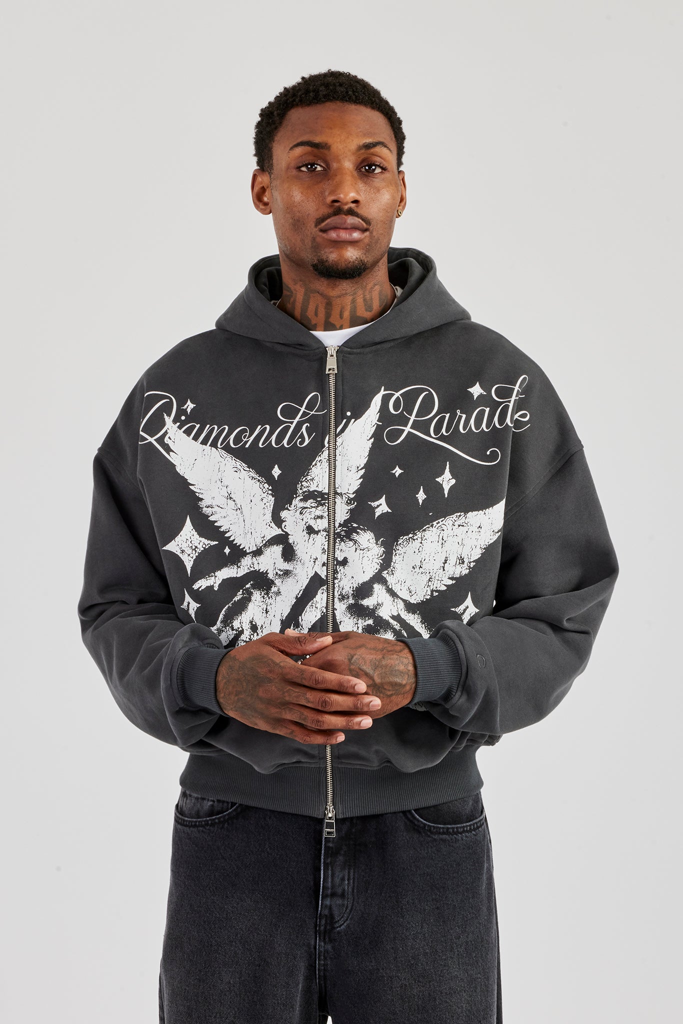 Diamonds In Paradise Printed Boxy Zip Hoodie - Charcoal