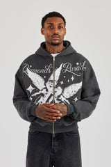 Diamonds In Paradise Printed Boxy Zip Hoodie - Charcoal