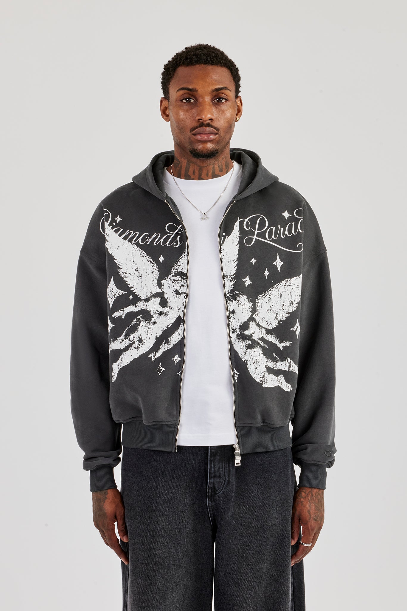 Diamonds In Paradise Printed Boxy Zip Hoodie - Charcoal