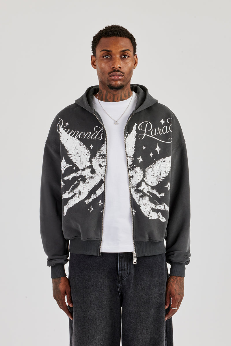 Diamonds In Paradise Printed Boxy Zip Hoodie - Charcoal