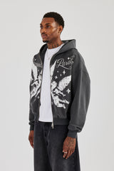 Diamonds In Paradise Printed Boxy Zip Hoodie - Charcoal