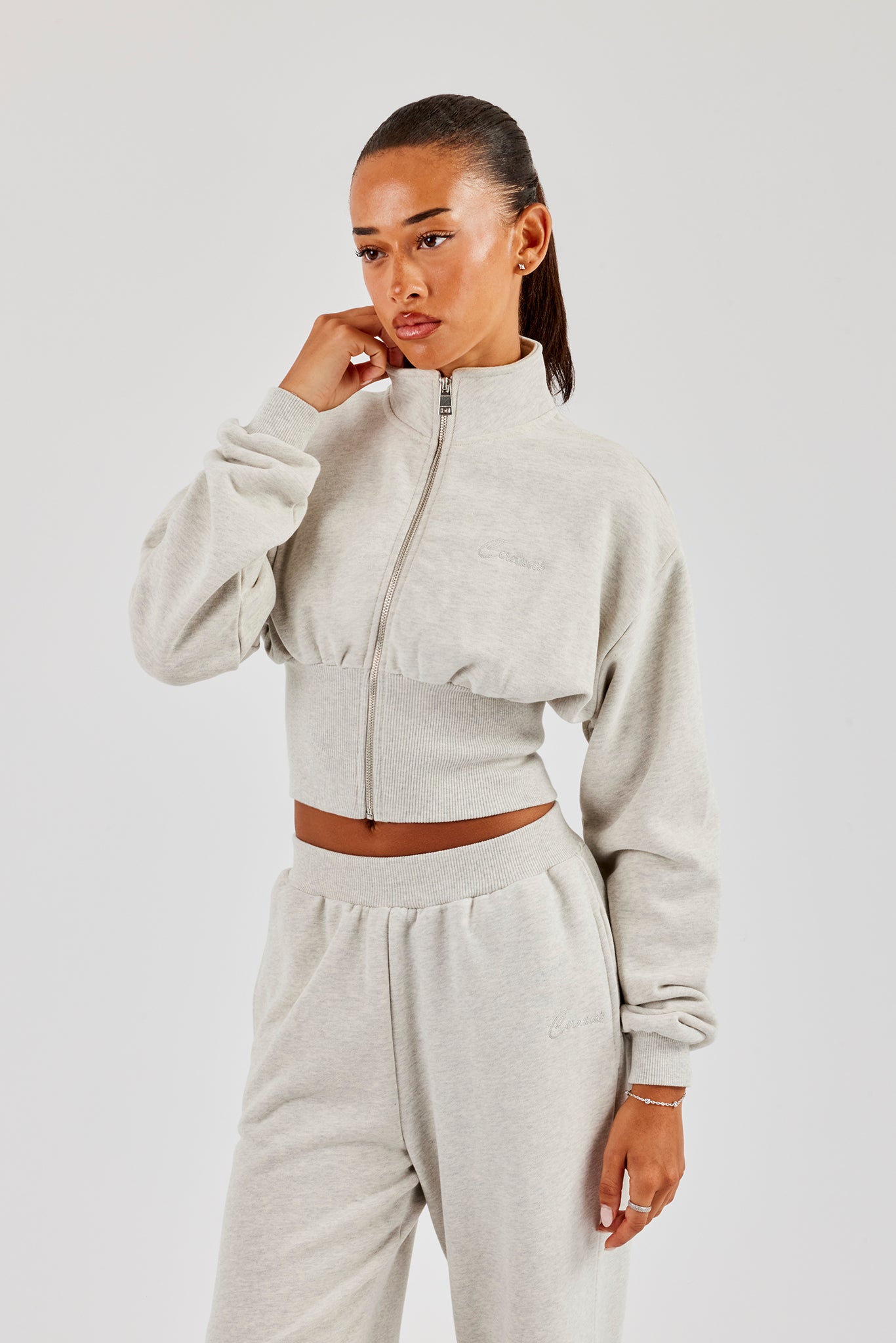 Rib Zip Through Funnel Neck Sweat - Ash Grey | Womens Hoodies