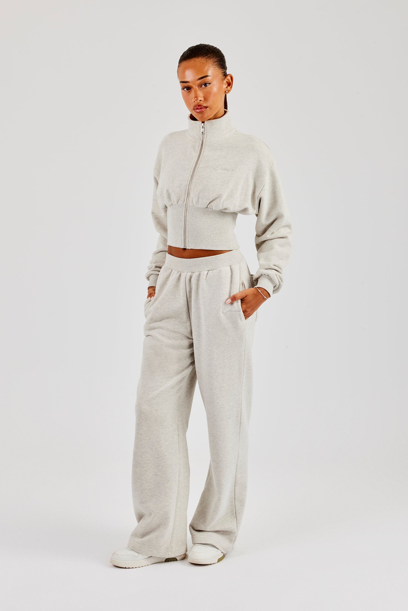 Deep Rib Funnel Neck & Wide Leg Jogger - Ash Grey