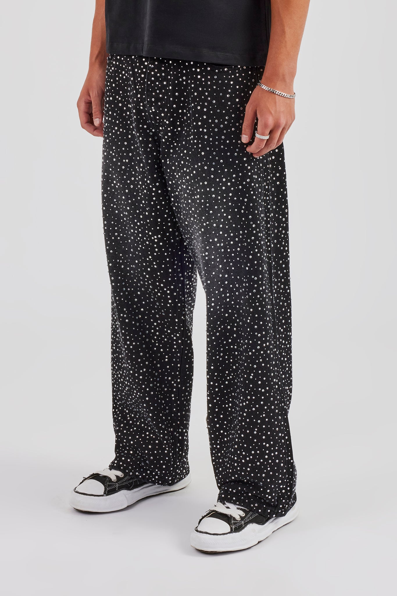 Baggy Fit Jeans mit Strass - Verwaschenes Schwarz