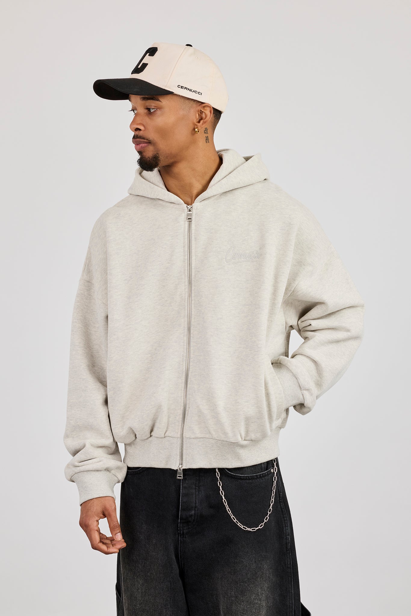 Cernucci Script Boxy Zip Through Hoodie - Ash Grey | Mens Hoodies