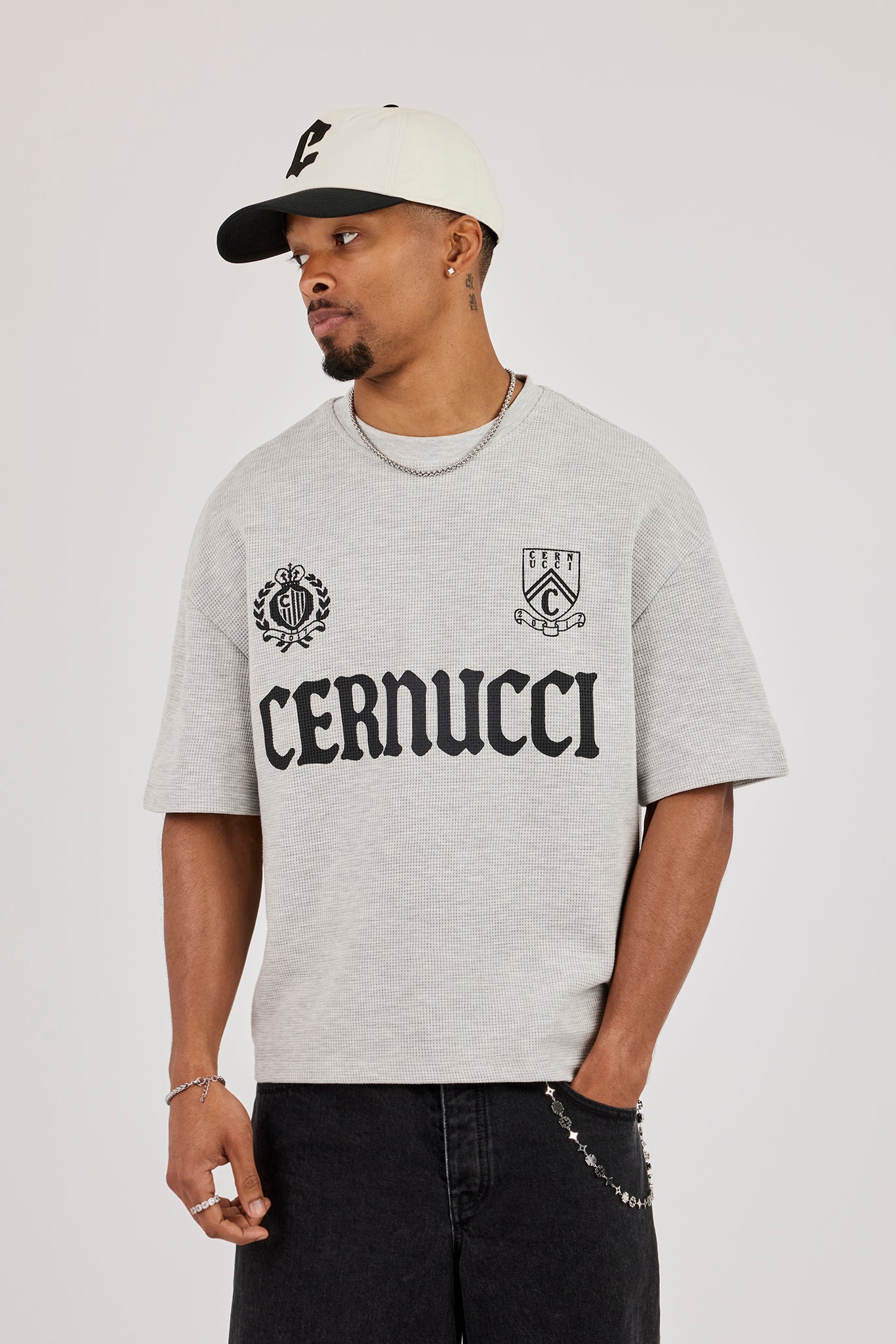Boxy Waffle Print T-Shirt - Grey