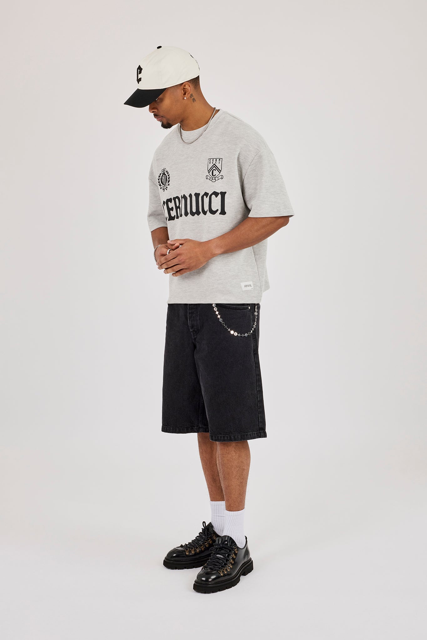 Boxy Waffle Print T-Shirt - Grey