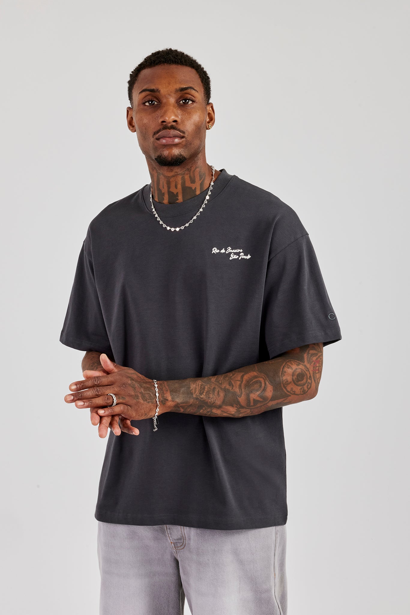 C Back Print Oversized T-Shirt - Charcoal | Mens Tees & Vests