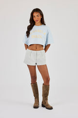 Striped Chain Stitch Cropped T-Shirt - Baby Blue