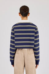 Langärmliges, gestreiftes Cropped-Polohemd – Marineblau