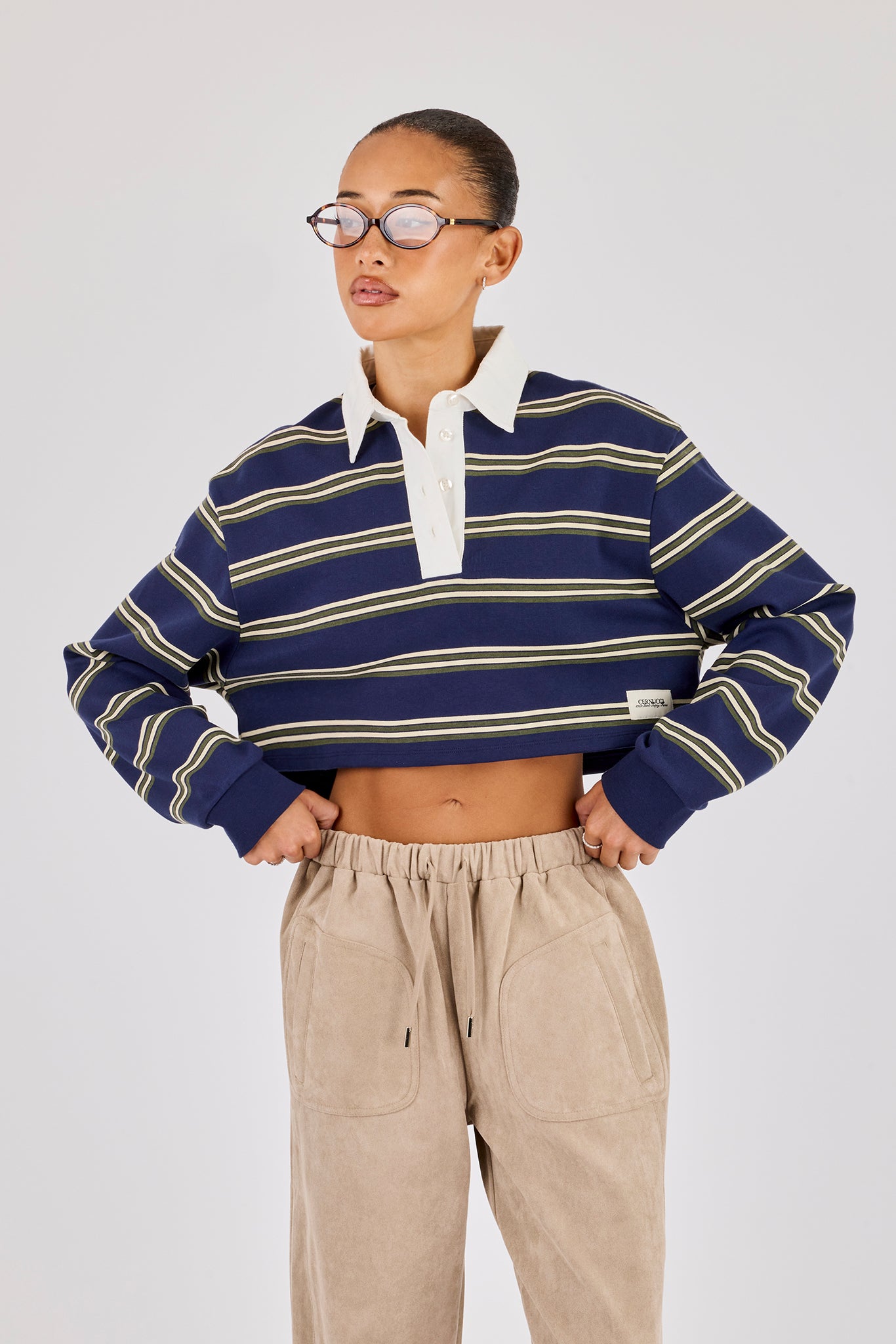 Long Sleeve Stripe Cropped Polo - Navy