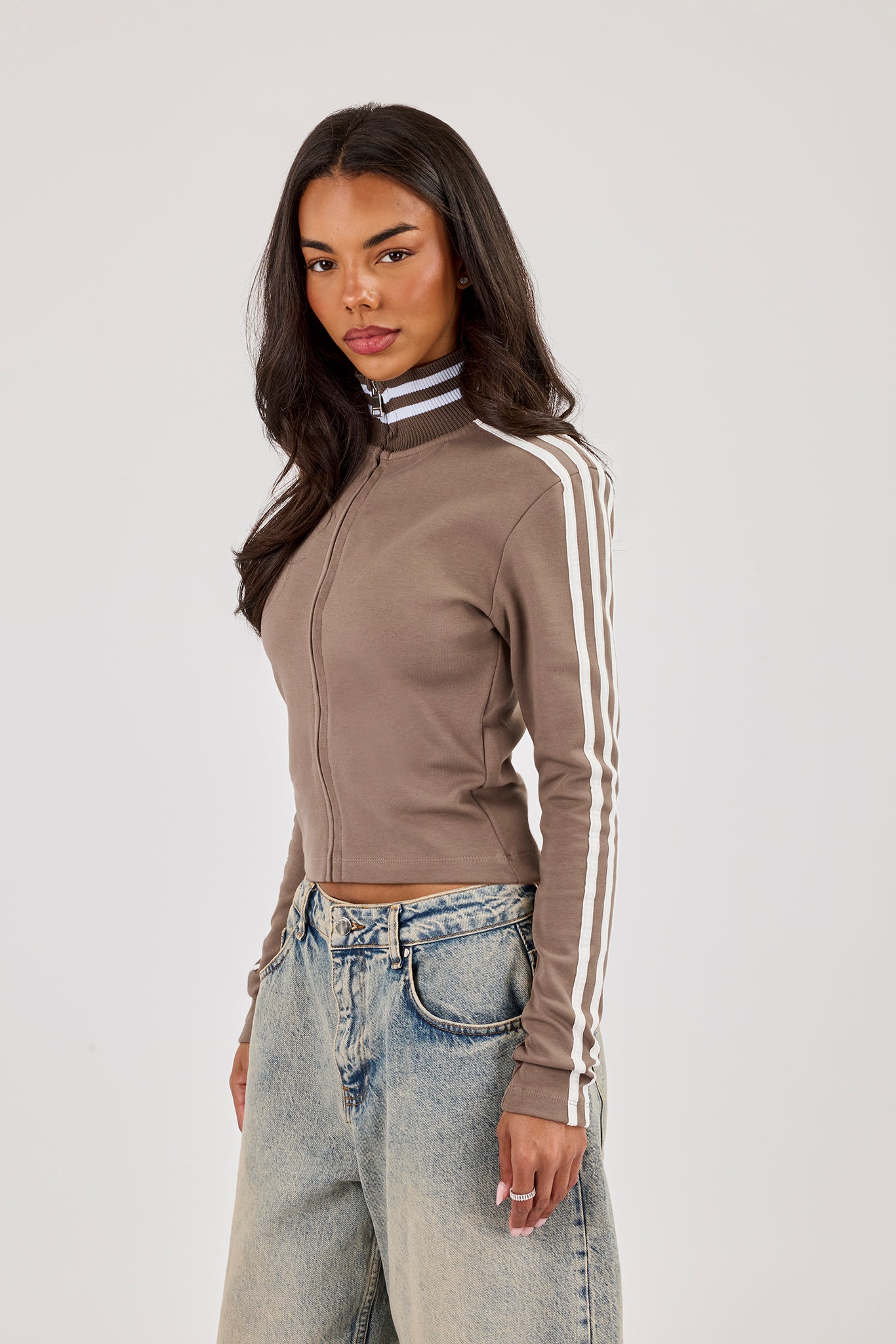 Fitted Sports Stripe Zip Through Funnel Neck - Taupe