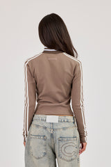 Fitted Sports Stripe Zip Through Funnel Neck - Taupe