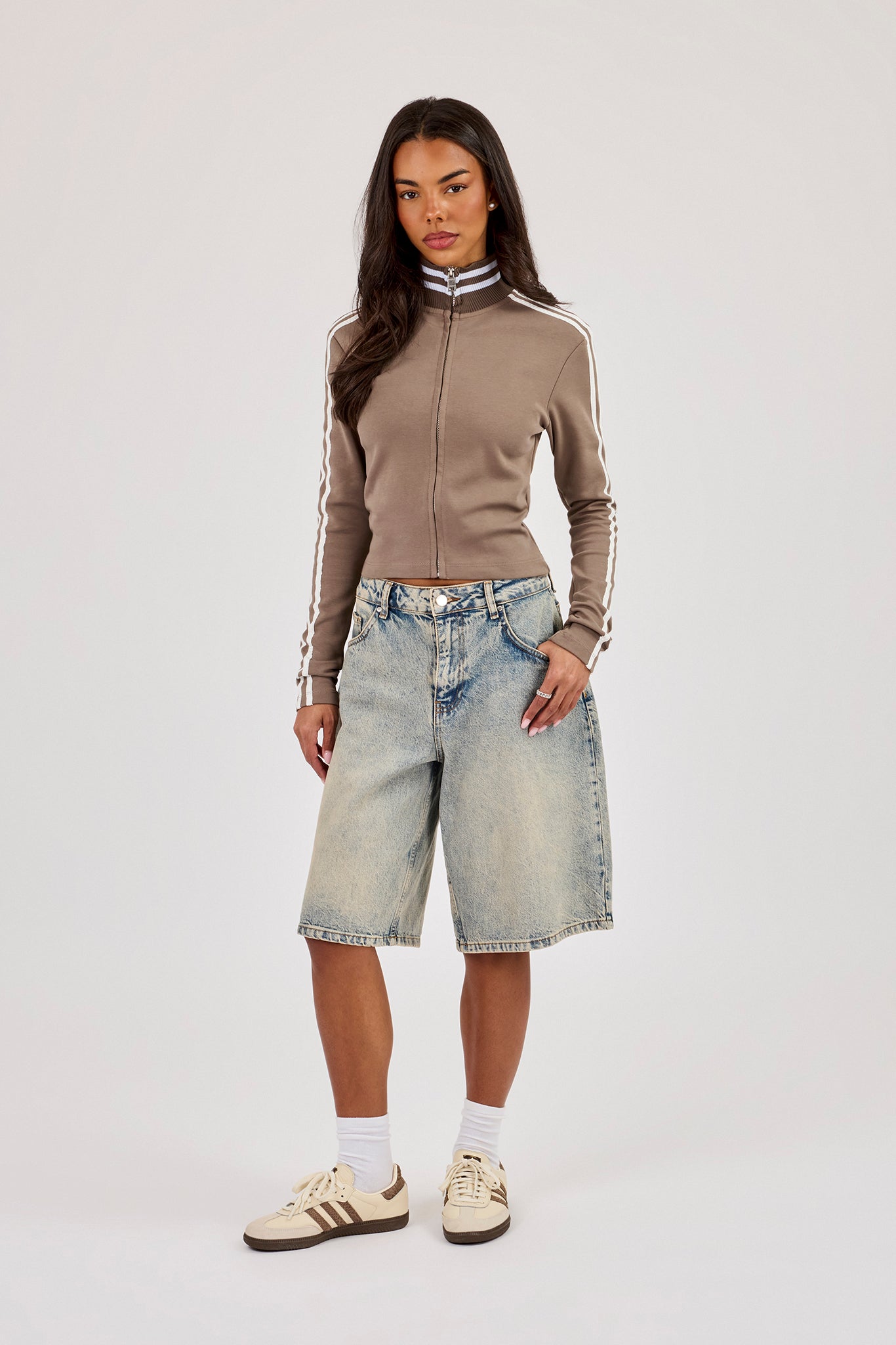 Fitted Sports Stripe Zip Through Funnel Neck - Taupe