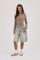 Fitted Sports Stripe Zip Through Funnel Neck - Taupe