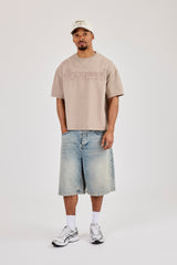 Washed Boxy Embroidered T-Shirt - Washed Stone