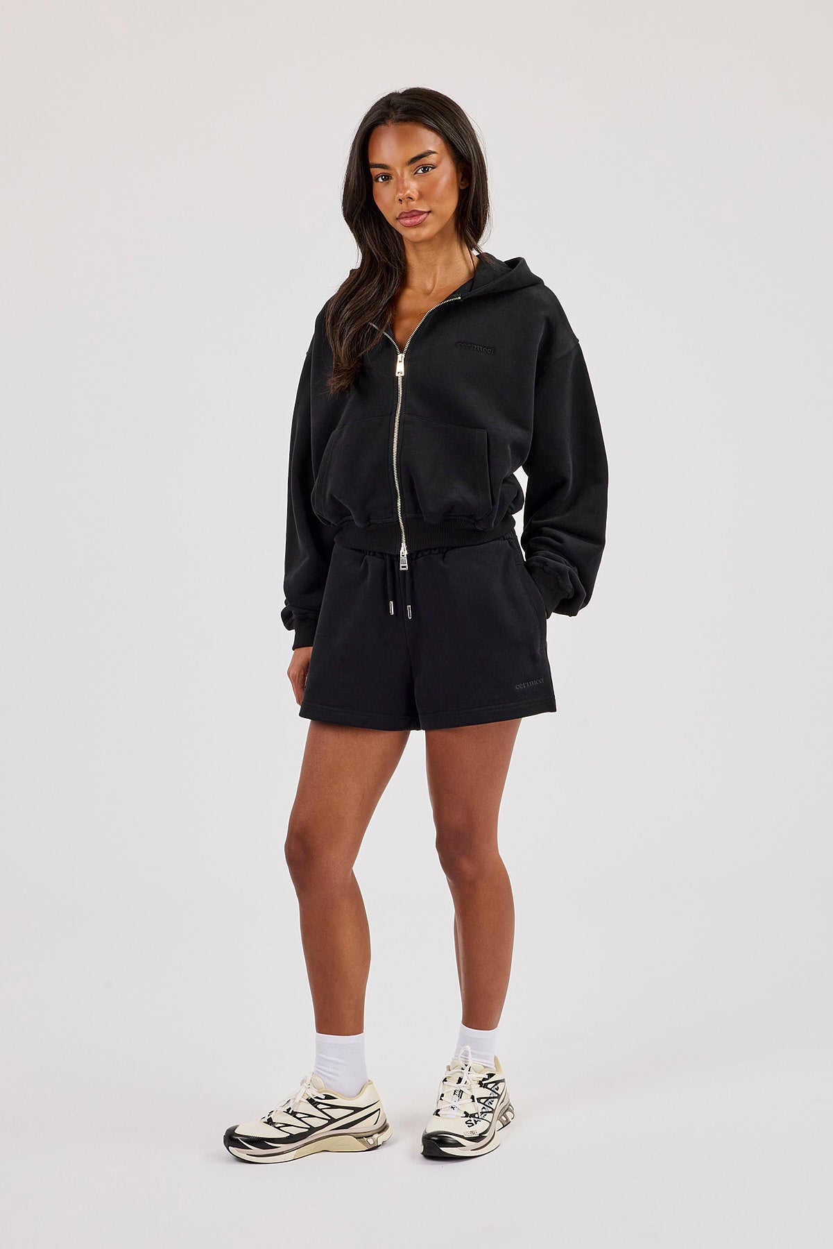 Cernucci Cropped Zip Through Hoodie & Embroidered Short - Black