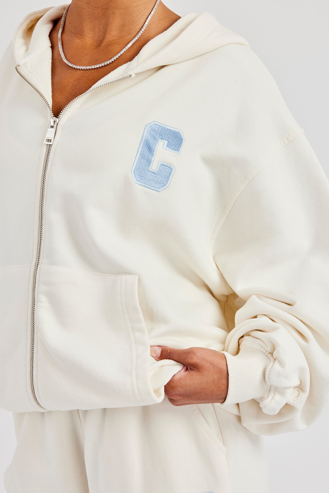 C Embroidered Zip Through Hoodie - Off White