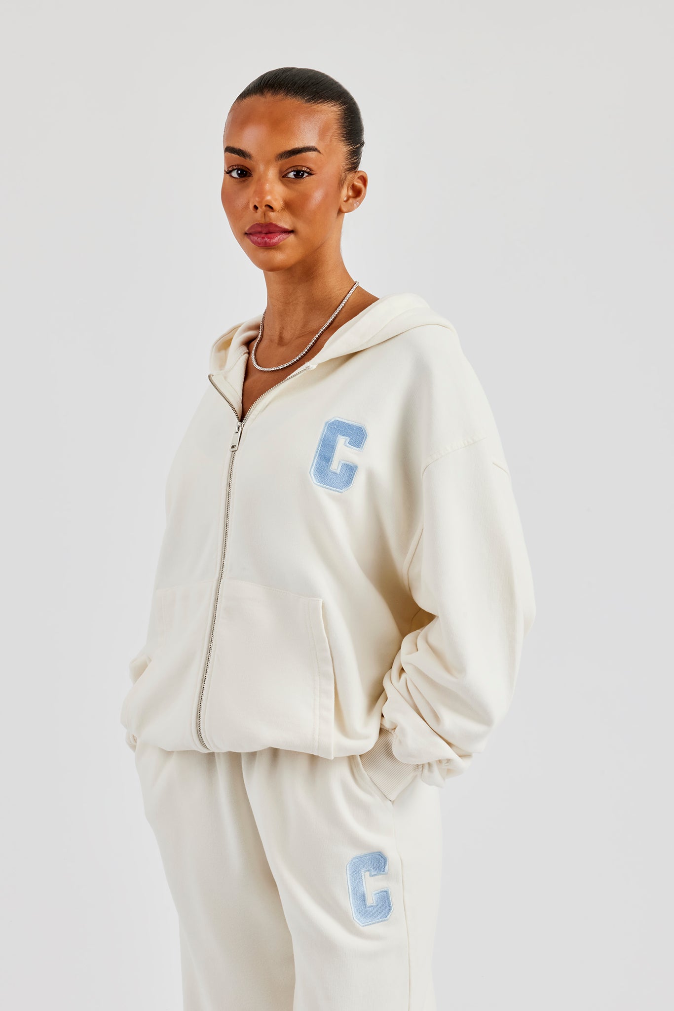 C Embroidered Zip Through Hoodie - Off White