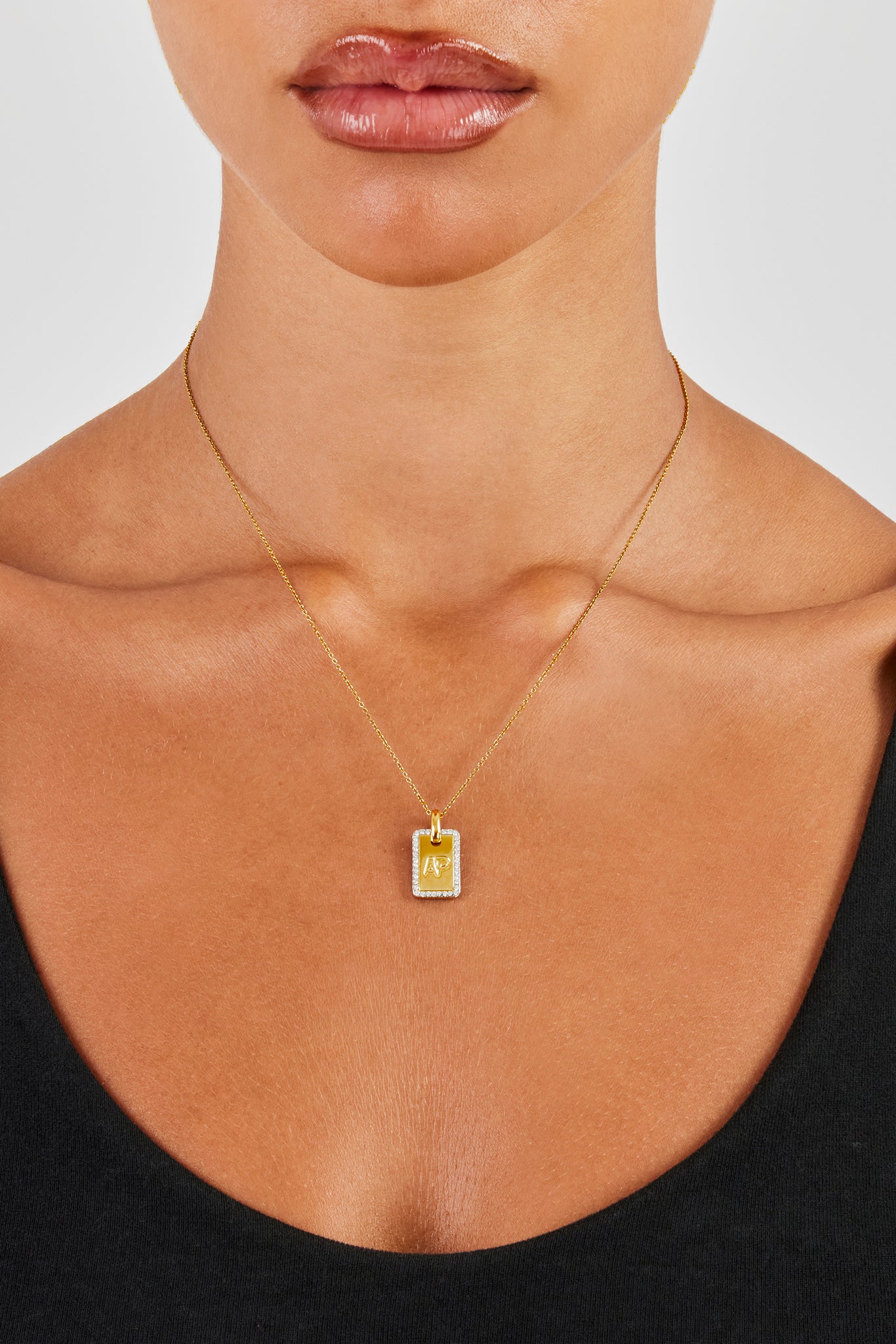 Iced Edge Initial Tag Necklace - Gold - 15mm