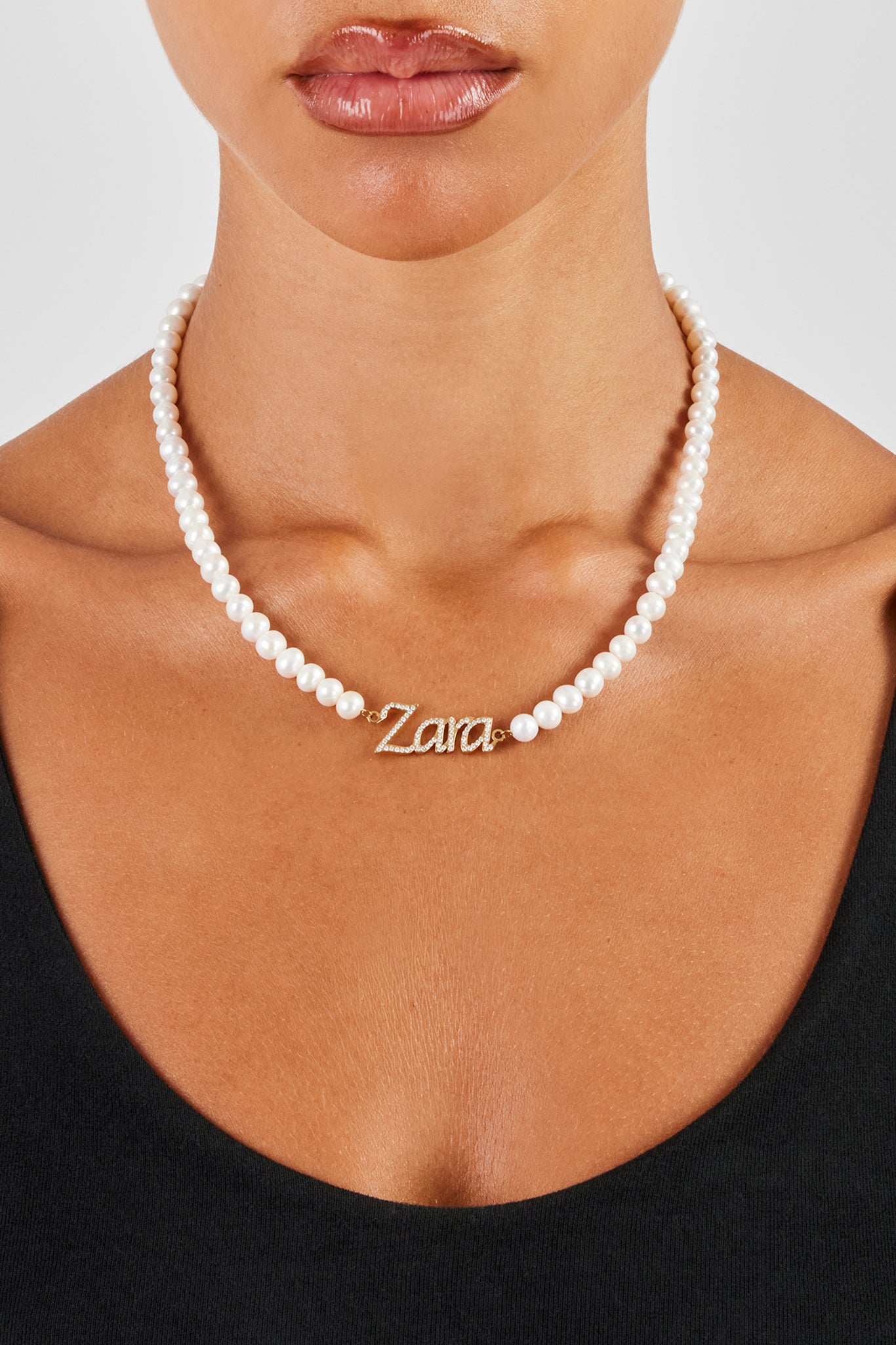 Iced Name Freshwater Pearl Necklace - Gold - 10mm
