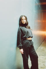 Rhinestone Taping Cropped Funnel Neck Jacket - Black