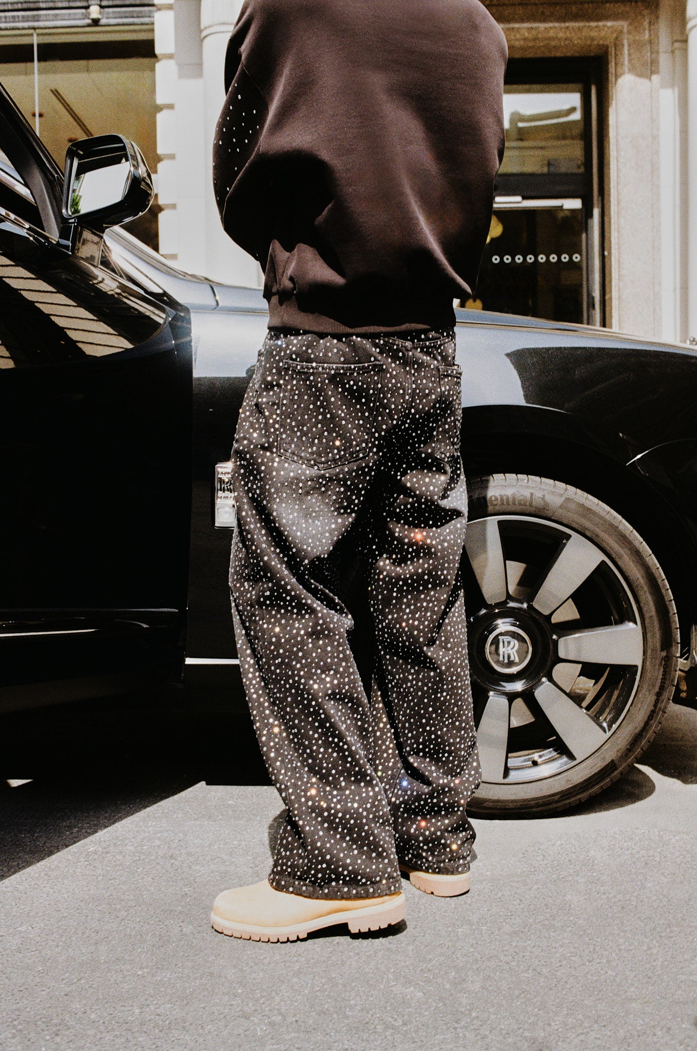 Baggy Fit Rhinestone Jeans - Washed Black