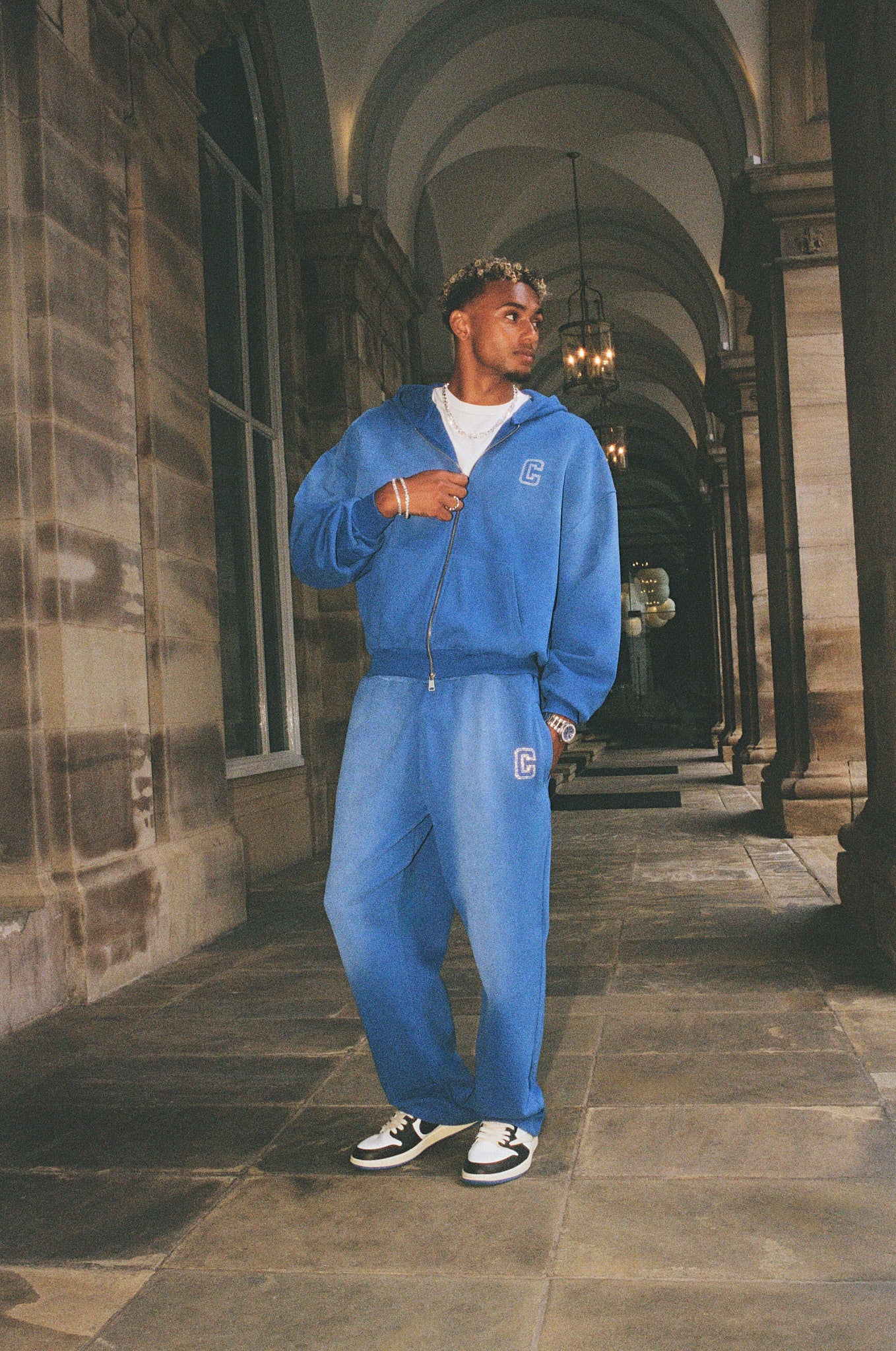 Washed Rhinestone C Zip Through Hoodie & Wide Leg Jogger - Washed Blue