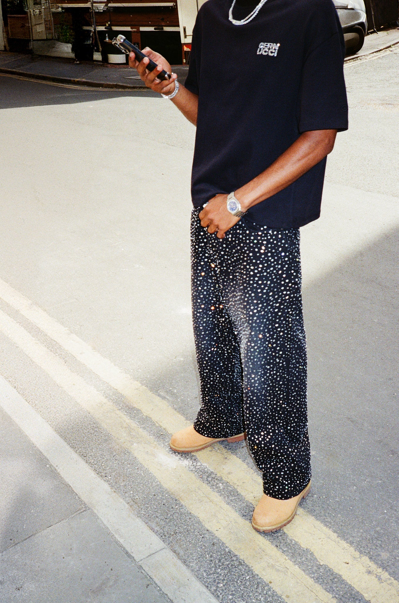 Baggy Fit Jeans mit Strass - Verwaschenes Schwarz