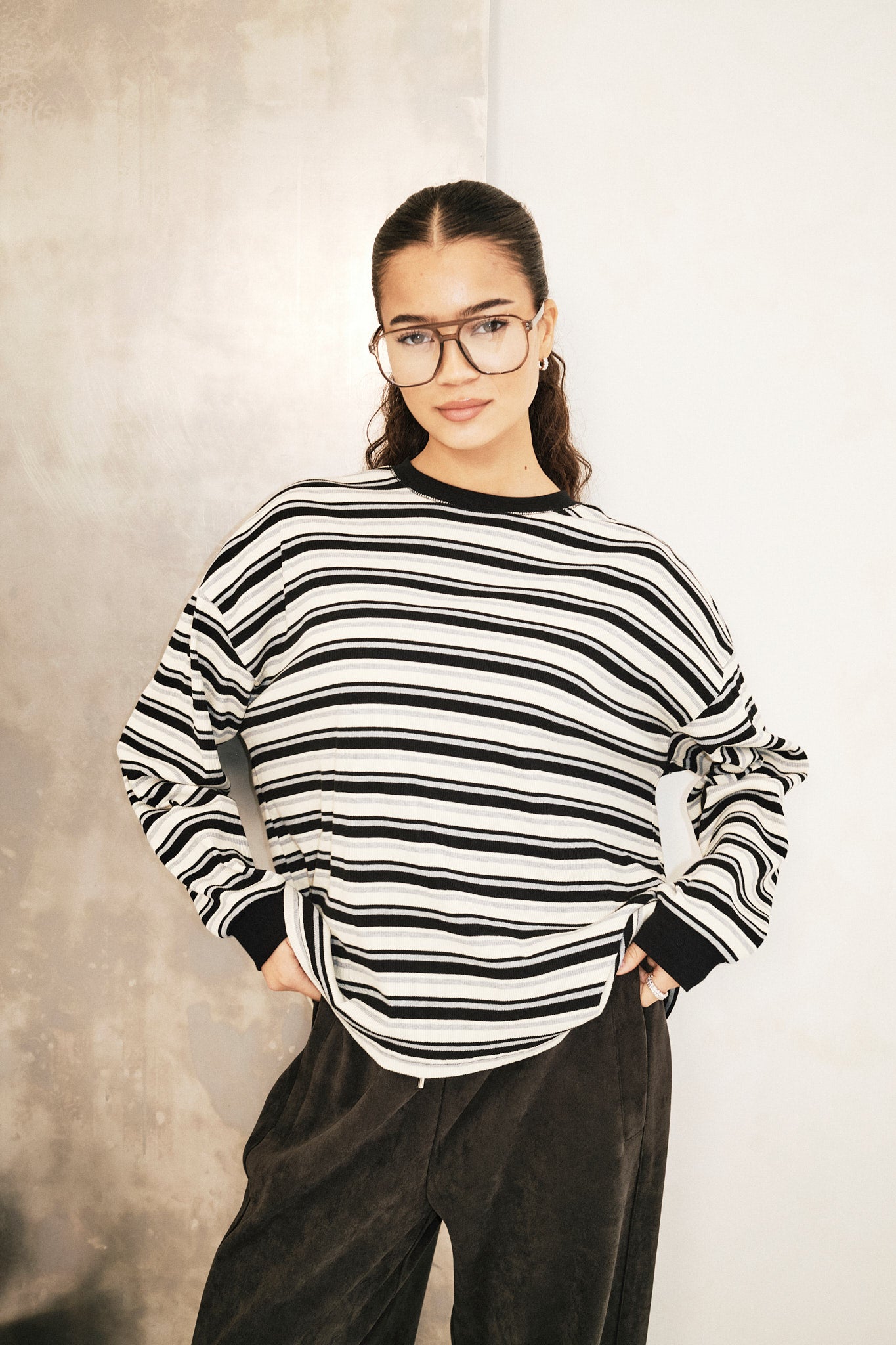 Oversized Stripe Long Sleeve Top - Black